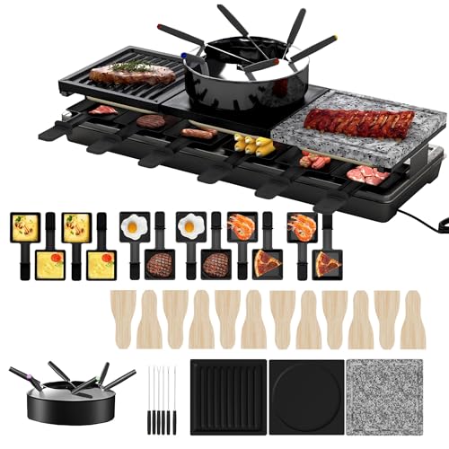 UISEBRT Raclette Grill für 12 Personen,3 in 1 Raklettgerät mit Pfännchen,Fondueset,heißer Stein,12 Pfännchen und 12 Holzspachtel,Raclettegrill antihaftbeschichteter Grillplatte,1650W von UISEBRT