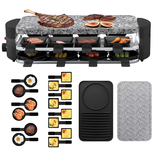 UISEBRT Raclette Grill für 8 Personen,2in1 Raklettgerät mit Reversible Grillpfanne,Stufenlos Regulierbare Temperatur,Antihaftbeschichtung,Stein und Wendegussplatte,Raglettgrill mit 14 Pfännchen,1600W von UISEBRT