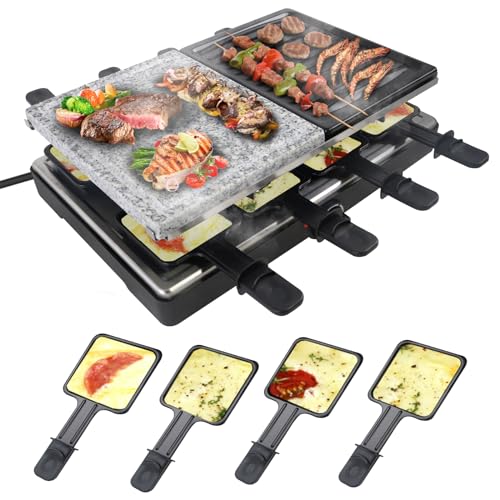 UISEBRT 1400W Raclette Grill für 8 Personen Elektrogrill mit Granitplatte & Grillplatte Antihaftbeschichtung Elektrisch Grillpfanne Set Tischgrill für Weihnachten Party Camping von UISEBRT