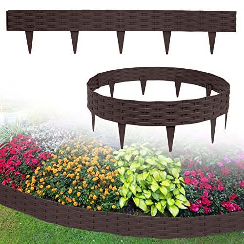 UISEBRT Rasenkante Kunstoff 20m Beeteinfassung Gartenzaun Beetumrandungen Rattan-Optik Randsteine Palisaden Garten Dekorativ Border Blumenbeet Gartenpalisade, Braun von UISEBRT