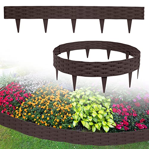 UISEBRT Rasenkante Kunstoff 30m Beeteinfassung Gartenzaun Beetumrandungen Rattan-Optik Randsteine Palisaden Garten Dekorativ Border Blumenbeet Gartenpalisade, Braun von UISEBRT