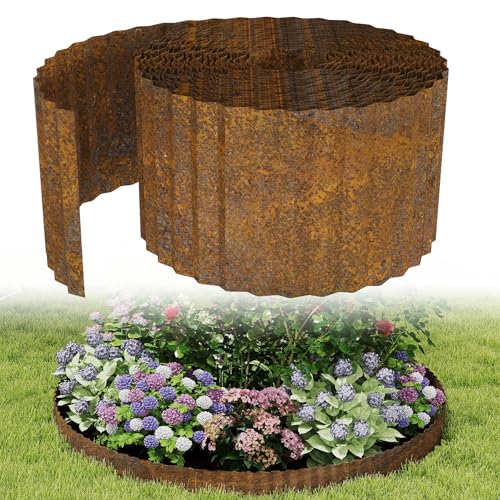 UISEBRT Rasenkante Metall Beeteinfassung Set 15 cm Hoch 10 m Lange Gartenumrandung Beetumrandung Flexible Beetbegrenzung für Garten Blumenbeete Hofwege Wellenform Rostfarbe von UISEBRT