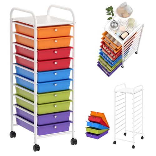 UISEBRT Rollwagen mit 10 stapelbaren Schubladen, Schubladenwagen Rollcontainer mit Metallgestell und Ablagefläche, Badrollwagen Aufbewahrungswagen für Büro, Wohnzimmer (96 x 39 x 36 cm) von UISEBRT