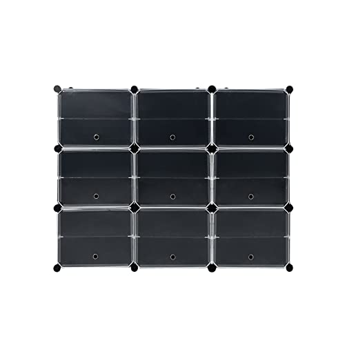 UISEBRT Schuhregal 3 x 6 Ebenen DIY Schuhschrank mit Tür Schuhablagen aus PP-Kunststoff Organizer mit Umkippschutz für Flur Schlafzimmer Eingang, Schwarz & Transparent von UISEBRT