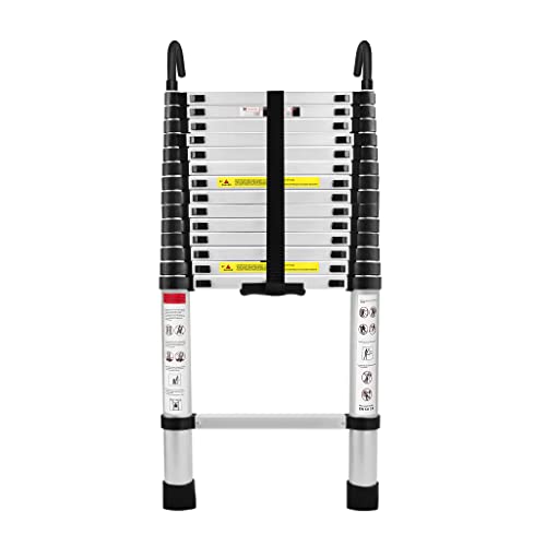 UISEBRT Teleskopleiter Aluminium 4.4M, Ausziehleiter Multifunktionsleiter Alu-Teleskopleiter mit Abnehmbarem Haken, Rutschfester Mehrzweckleiter Stehleiter Aluleiter 150 kg Belastbarkeit, Silber von UISEBRT