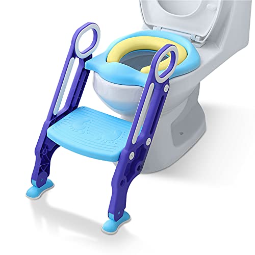 UISEBRT Toilettensitz Kinder mit Treppe Faltbar Toilettentrainer Höhenverstellbar Toilettenaufsatz Kinder WC Trainer mit PU Kissen und Griffen für 1-7 Jahren Kleinkinder - Blau und Lila von UISEBRT