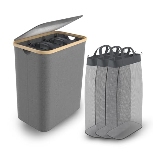 UISEBRT Wäschekorb mit Deckel, Wäschesammler 3 Fächer, 140L Wäschesack Schmal Faltbare Wäschekörbe, Extra großer Wäschesammler aus Bambus, Wäschetonne Wäschetruhe mit Deckel Laundry Baskets (Grau) von UISEBRT