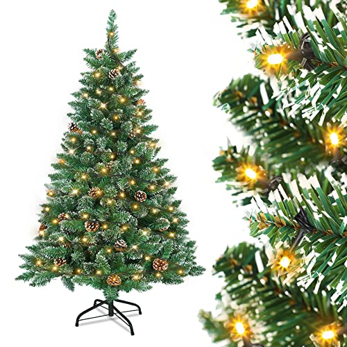 UISEBRT Weihnachtsbaum Künstlich mit Beleuchtung 120cm - LED Weihnachtsbäume Tannenbaum Christbaum Dekobaum mit Lichterkette und Ständer, Weihnachtsdeko, Grün PVC mit Schnee-Effekt & Kiefernzapfen von UISEBRT