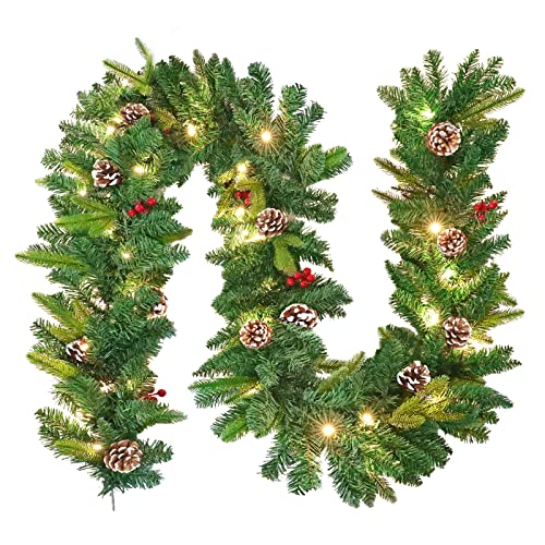 UISEBRT Weihnachtsgirlande mit Beleuchtung Tannengirlande 5m, mit 75 LEDs Tannenzapfen Rote Beere Künstliche Girlande Weihnachtsdeko Weihnachtskranz für Innen & Außen (Typ A mit Lichterkette) von UISEBRT