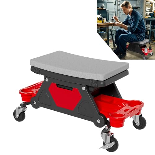 UISEBRT Werkstatthocker Mobiler Werkstattsitz mit Ablage und Rollen Garagenhocker Arbeitshocker Tragkraft 150 kg für Werkstatt Fahrzeugpflege Maschinenwartung und Heimwerken (Bogenförmig) von UISEBRT