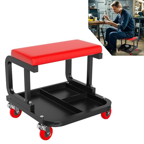UISEBRT Werkstatthocker Mobiler Werkstattsitz mit Ablage und Rollen Garagenhocker Arbeitshocker Tragkraft 150 kg für Werkstatt Fahrzeugpflege Maschinenwartung und Heimwerken (Rechteckig) von UISEBRT