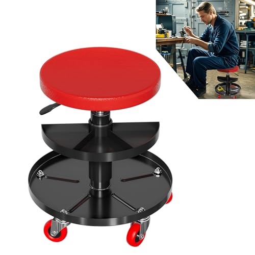UISEBRT Werkstatthocker Mobiler Werkstattsitz mit Ablage und Rollen Garagenhocker Arbeitshocker Tragkraft 150 kg für Werkstatt Fahrzeugpflege Maschinenwartung und Heimwerken (Rund) von UISEBRT