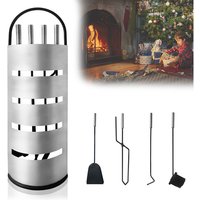 Kaminbesteck Edelstahl - Modern Kamin Besteck Set 5 teilig: Edelstahl Ständer mit Sichtschutz, Besen, Zange, Schürhaken, Ascheschaufel - Uisebrt von UISEBRT