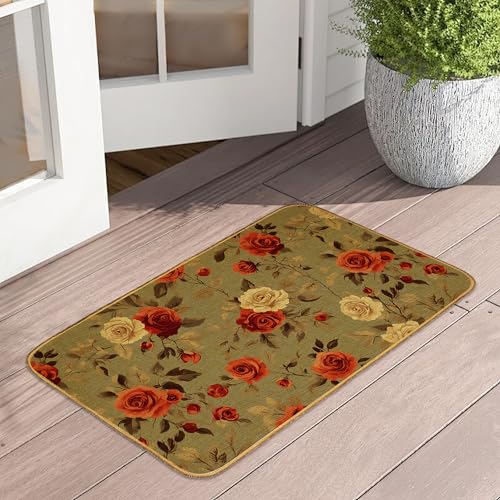Fußmatte im Retro-Stil mit roten Rosen, für drinnen und draußen, Vintage-Blumen, rutschfest, saugfähig, flaches Profil, waschbar, Inneneingang, Leinen, robust, weich, Eingangsmatte für den Fußmatte im Retro-Stil mit roten Rosen, für drinnen und draußen, Vintage-Blumen, rutschfest, saugfähig, flaches Profil, waschbar, Inneneingang, Leinen, robust, weich, Eingangsmatte für den von UIUPRO