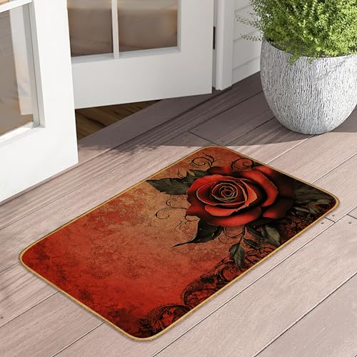 Fußmatte im Vintage-Stil, rote Rose, 43,2 x 73,7 cm, abstrakte Blume, Fußmatte für den Innenbereich, rutschfeste Gummi-Vordertürmatten, waschbar, saugfähig, innen und außen, flaches Profil, für den Fußmatte im Vintage-Stil, rote Rose, 43,2 x 73,7 cm, abstrakte Blume, Fußmatte für den Innenbereich, rutschfeste Gummi-Vordertürmatten, waschbar, saugfähig, innen und außen, flaches Profil, für den von UIUPRO