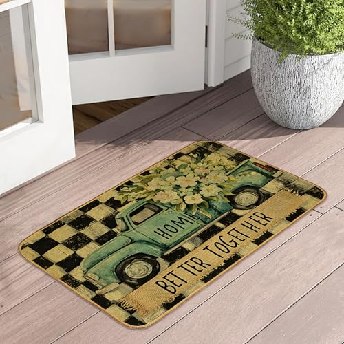 Fußmatte mit LKW-Blume, 43,2 x 73,7 cm, schwarz-weiß kariert, Fußmatte für den Inneneingang, rutschfeste Gummi-Vordertürmatten, waschbar, saugfähig, innen und außen, flaches Profil, für den Fußmatte mit LKW-Blume, 43,2 x 73,7 cm, schwarz-weiß kariert, Fußmatte für den Inneneingang, rutschfeste Gummi-Vordertürmatten, waschbar, saugfähig, innen und außen, flaches Profil, für den von UIUPRO