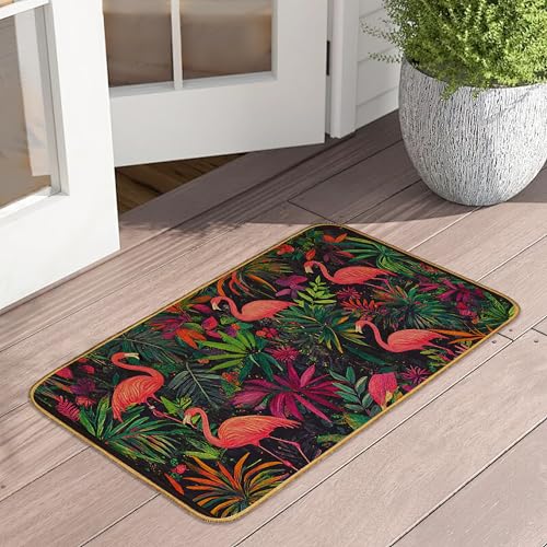 Fußmatte mit tropischem Flamingo, Palmenblätter, waschbar, Fußmatte für Veranda, Leinen, Willkommens-Matten für drinnen und draußen, Teppich für Bauernhaus/Eingang/Terrasse Fußmatte mit tropischem Flamingo, Palmenblätter, waschbar, Fußmatte für Veranda, Leinen, Willkommens-Matten für drinnen und draußen, Teppich für Bauernhaus/Eingang/Terrasse von UIUPRO