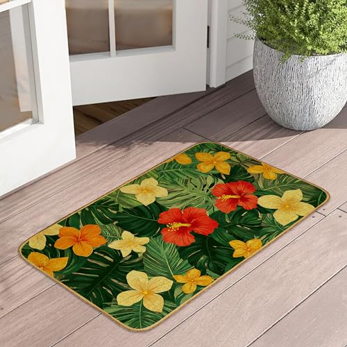 Fußmatte mit tropischen Palmenblättern, für drinnen und draußen, Hibiskusblüte, rutschfest, saugfähig, flaches Profil, waschbar, Inneneingang, Leinen, stabil, weich, Eingangsmatte für den von UIUPRO