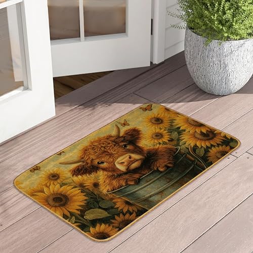 Highland Cow Fußmatte für drinnen und draußen, Retro-Sonnenblumen-Schmetterling, rutschfest, saugfähig, flaches Profil, waschbar, Inneneingang, Leinen, stabil, weich, Eingangsmatte für den von UIUPRO