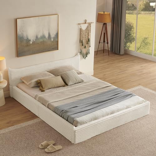 160 * 200cm Double Bed with Velvet Chenille Cover, Iron Frame, Without Mattress, Easy Assembly ﻿ (Beige) von UIXENI