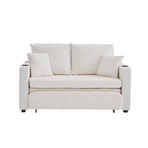 2-Seater Small Sofa Bed Extendable with Adjustable Backrest Cushion Side Pockets Drink Holder for Living Room Bedroom Guest Room (Beige) von UIXENI