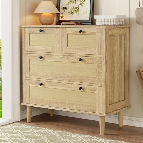Chest of Drawers Sideboard with 4 Rattan Drawers, Solid Wood Legs, Living Room Bedroom Hallway Storage Cabinet von UIXENI