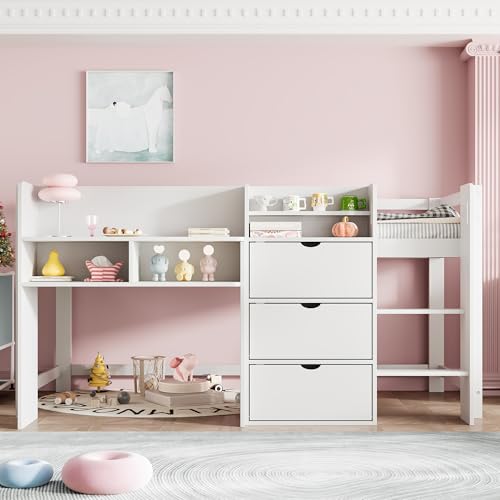 Children's Bed 90 x 200 cm with Storage and Ladder, Space-Saving Bed Frame with Fall Protection and Slatted Frame, Entertainment Area Under The Bed Children's Bed 90 x 200 cm with Storage and Ladder, Space-Saving Bed Frame with Fall Protection and Slatted Frame, Entertainment Area Under The Bed von UIXENI