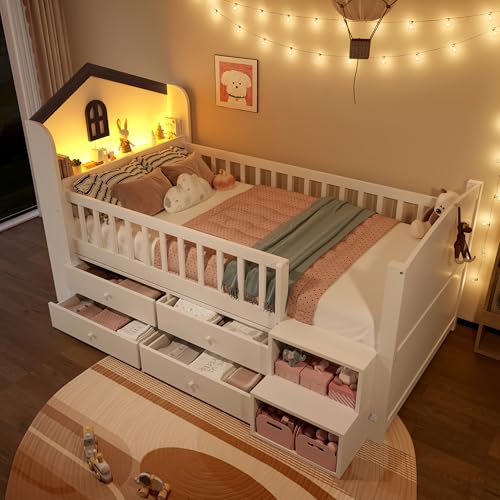 Children's Bed with 4 Drawers and Open Shelves, Side Bed with Slatted Frame, Fall Protection, 90 x 200 cm, Without Mattress von UIXENI