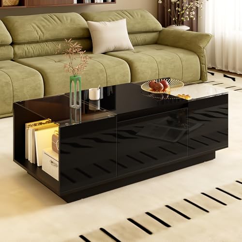 Coffee Table with 16-Colour LED Lighting Modern Living Room Side Table with Open Display Shelf and Pull-Out Drawers ﻿ (Black) von UIXENI