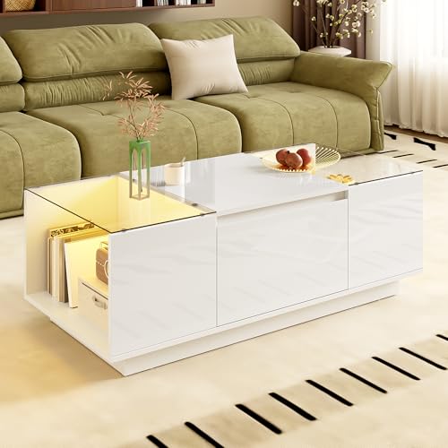 Coffee Table with 16-Colour LED Lighting Modern Living Room Side Table with Open Display Shelf and Pull-Out Drawers ﻿ (White) von UIXENI