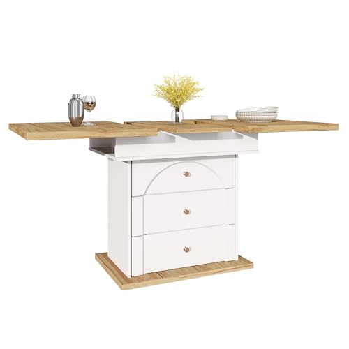 Extendable Dining Table, Space-Saving Foldable Kitchen Table with Drawers Cabinet Door Design for 4-6 People (White) von UIXENI