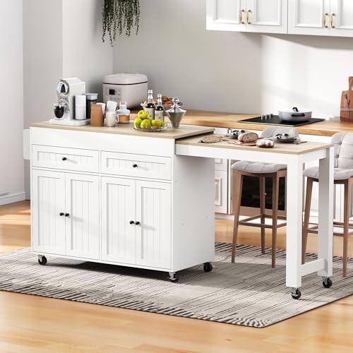 Extendable Kitchen Island with Worktop, 2 Drawers, 4 Doors, Storage Island on Wheels Bar Table for Dining Room (White+Natural) von UIXENI