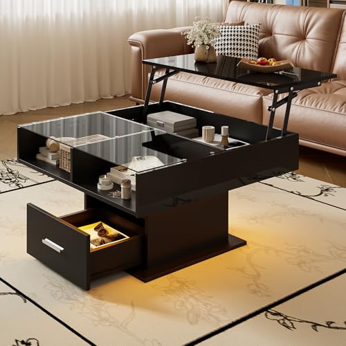 Height Adjustable LED Coffee Table with Drawer Storage Compartment, Extendable Living Room Table (Black) von UIXENI