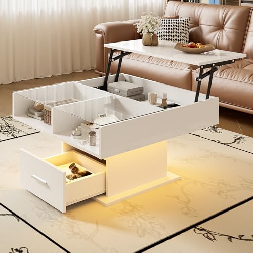 Height Adjustable LED Coffee Table with Drawer Storage Compartment, Extendable Living Room Table (White) von UIXENI