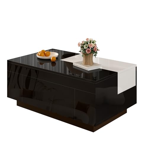 High Gloss Coffee Table with 16-Colour LED, Modern Living Room Side Table with Hidden Storage and Drawer (Black) von UIXENI