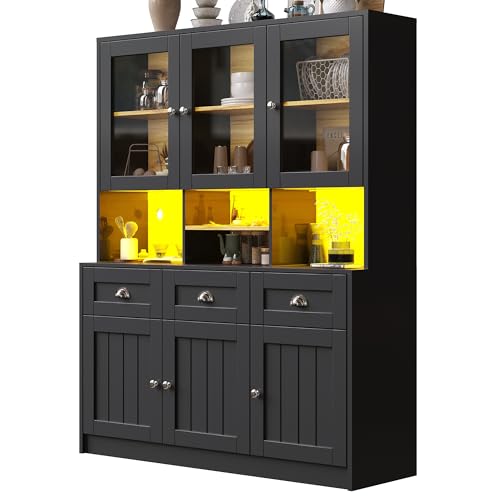 Kitchen Cabinet with Worktop, Multipurpose Storage Sideboard Buffet with Drawer, LED, Cabinet Door, Adjustable Shelves, Living Room, Dining Room (Black) von UIXENI