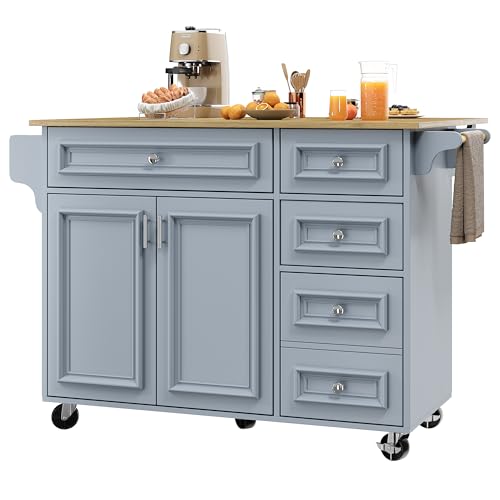 Kitchen Island on Wheels, Serving Trolley with Extendable Worktop Drawers for Kitchen, Dining Room, Breakfast Bar Natural (Blue) von UIXENI