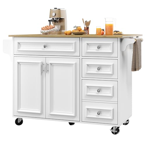 Kitchen Island on Wheels, Serving Trolley with Extendable Worktop Drawers for Kitchen, Dining Room, Breakfast Bar Natural (White) von UIXENI