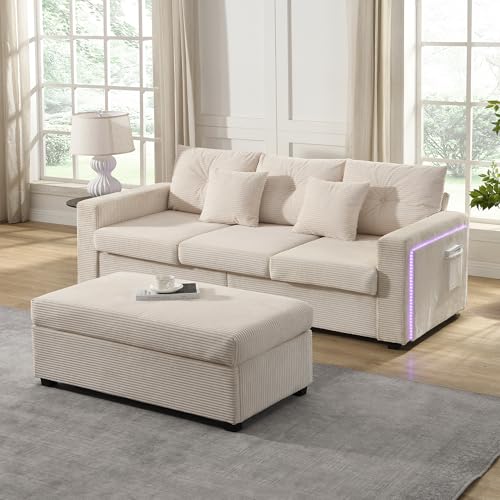 L-Shaped Sofa Set, Modular Sectional Sofa 3-Seater with Moving Ottoman, LED Armrests Cord Fabric Corner Couch for Living Room (Beige) von UIXENI