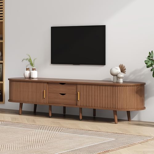 Living Room TV Cabinet with 2 Drawers, Wood Carving Sliding Doors Lowboard with Adjustable Partitions for 75-inch TV von UIXENI