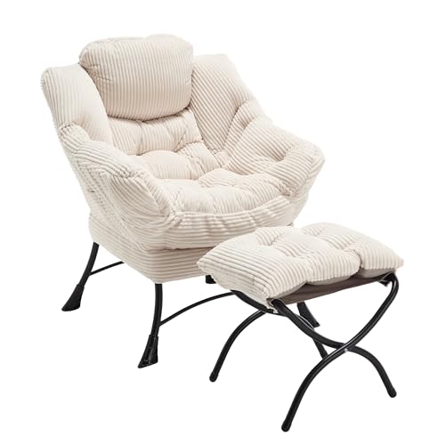 Relaxing Chair with Footstool, Leisure Sofa Lounger Lazy Chair with Armrests and Side Pocket for Small Space (White) von UIXENI