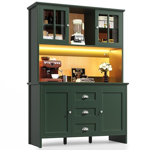 Tall Kitchen Cupboard with Brown Glass Doors, LED Storage Cabinet with Countertop 3 Drawers for Living Room, Dining Room, Bar von UIXENI