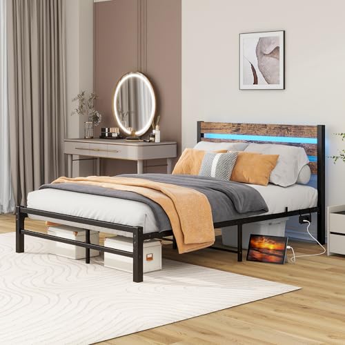 UIXENI 120x200cm Metal Bed Frame with LED Headboard, USB Charging Station, Strong Steel Layer Support, Under Bed Storage, No Box Spring Required von UIXENI