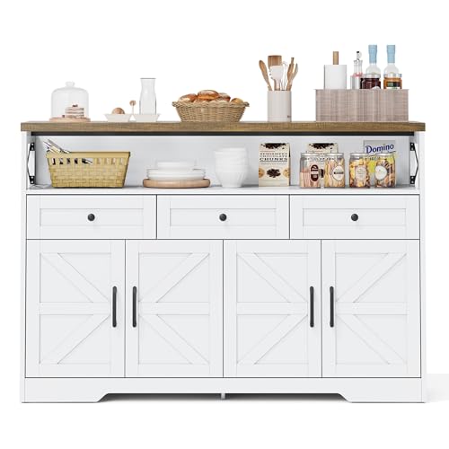 UIXENI 140 cm Wide Kitchen Buffet, Open Shelf Sideboard with 3 Drawers 4 Doors, Rustic Kitchen Cabinet for Living Room, Kitchen, Hallway von UIXENI
