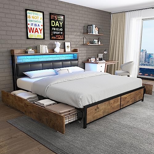 UIXENI 160 * 200cm Upholstered Bed with 4 Drawers, LED Headboard with Storage for Adults Teenagers, PU UIXENI 160 * 200cm Upholstered Bed with 4 Drawers, LED Headboard with Storage for Adults Teenagers, PU von UIXENI