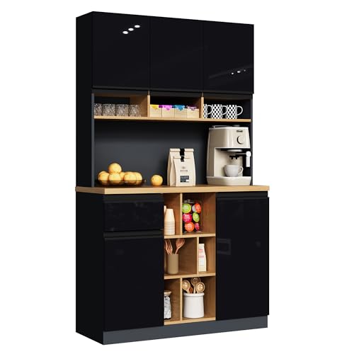 UIXENI 185 cm Kitchen Buffet with Worktop, Multi-Purpose Tall Storage Cabinet with Doors and Drawer, Adjustable Shelf ﻿ (Black+Natural) von UIXENI