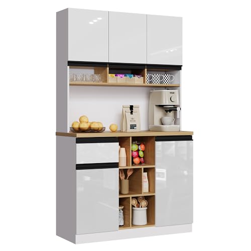 UIXENI 185 cm Kitchen Buffet with Worktop, Multi-Purpose Tall Storage Cabinet with Doors and Drawer, Adjustable Shelf ﻿ (White) von UIXENI