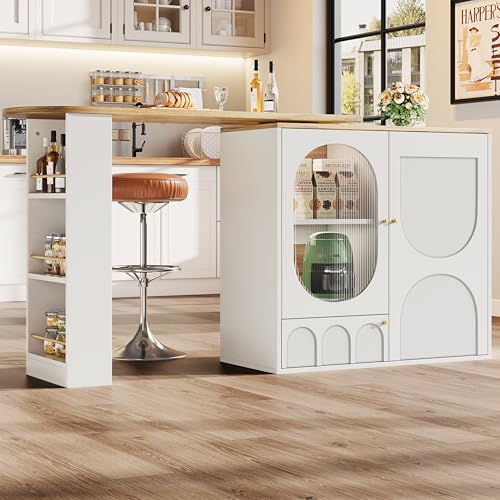 UIXENI 360° Rotating Bar Table, Extendable Buffets Sideboard with Shelves and Glass Door for Dining Room, Bistro, Restaurant (White) von UIXENI