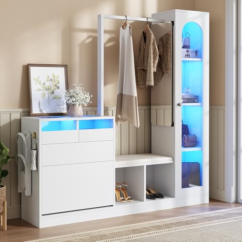 UIXENI 6-in-1 Entrance Combination, Wardrobe Set, Hairdressing Table with Dressing Bar, Shoe Bench and Folding Shoe Cabinet, Glass Showcase with LED von UIXENI