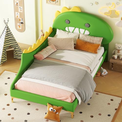 UIXENI 90 * 200cm Children's Bed, Cartoon Dinosaur Shape Flat Bed, PU Material (Green) von UIXENI